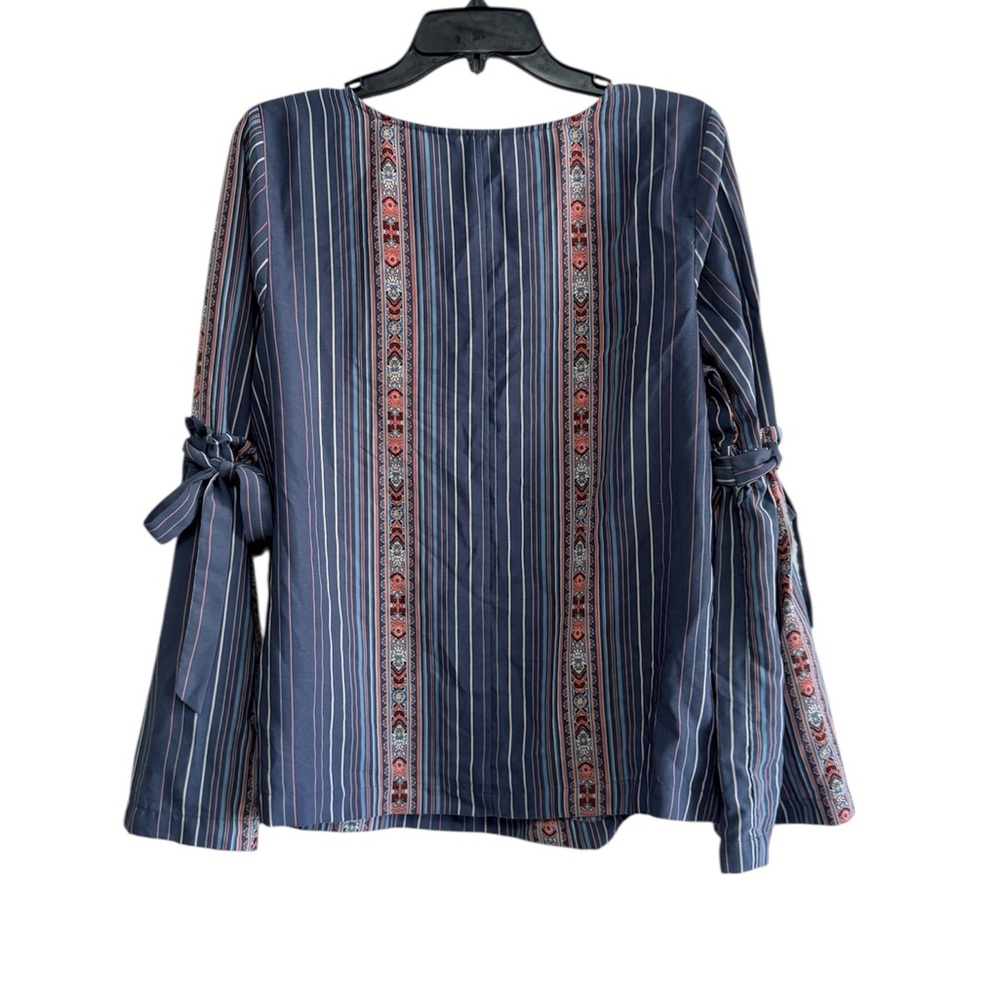 LC Lauren Conrad Blue Multi Stripe Bohemian Blouse Bell Sleeves Tribal Print - Picture 3 of 7